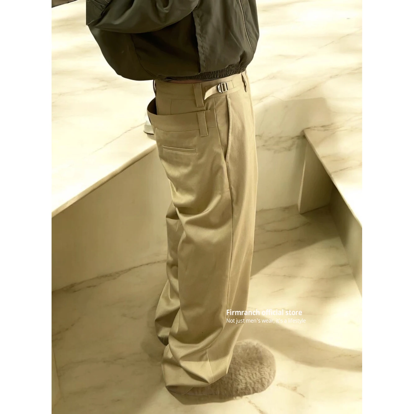 

Firmranch New Stylish Khaki Baggy Double-waist Fake Two-piece Design Work Pants For Men Women Loose Straight Casual Trouser