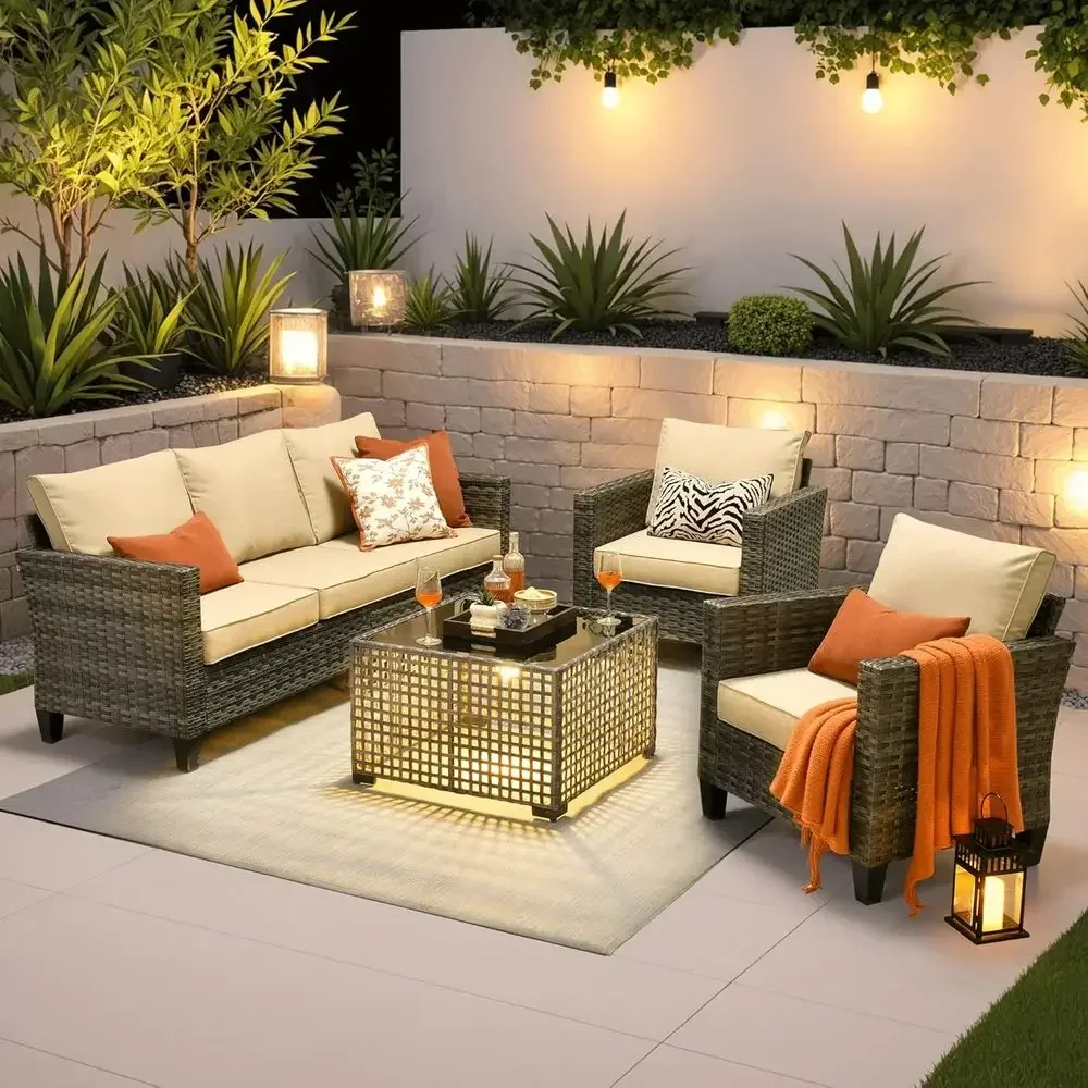 4 Pieces Patio urniture Set Outdoor Soa Couch with r Lights Table Comy Cushions, ern Deep Seat Wicker Rattan Contion Set or Porc