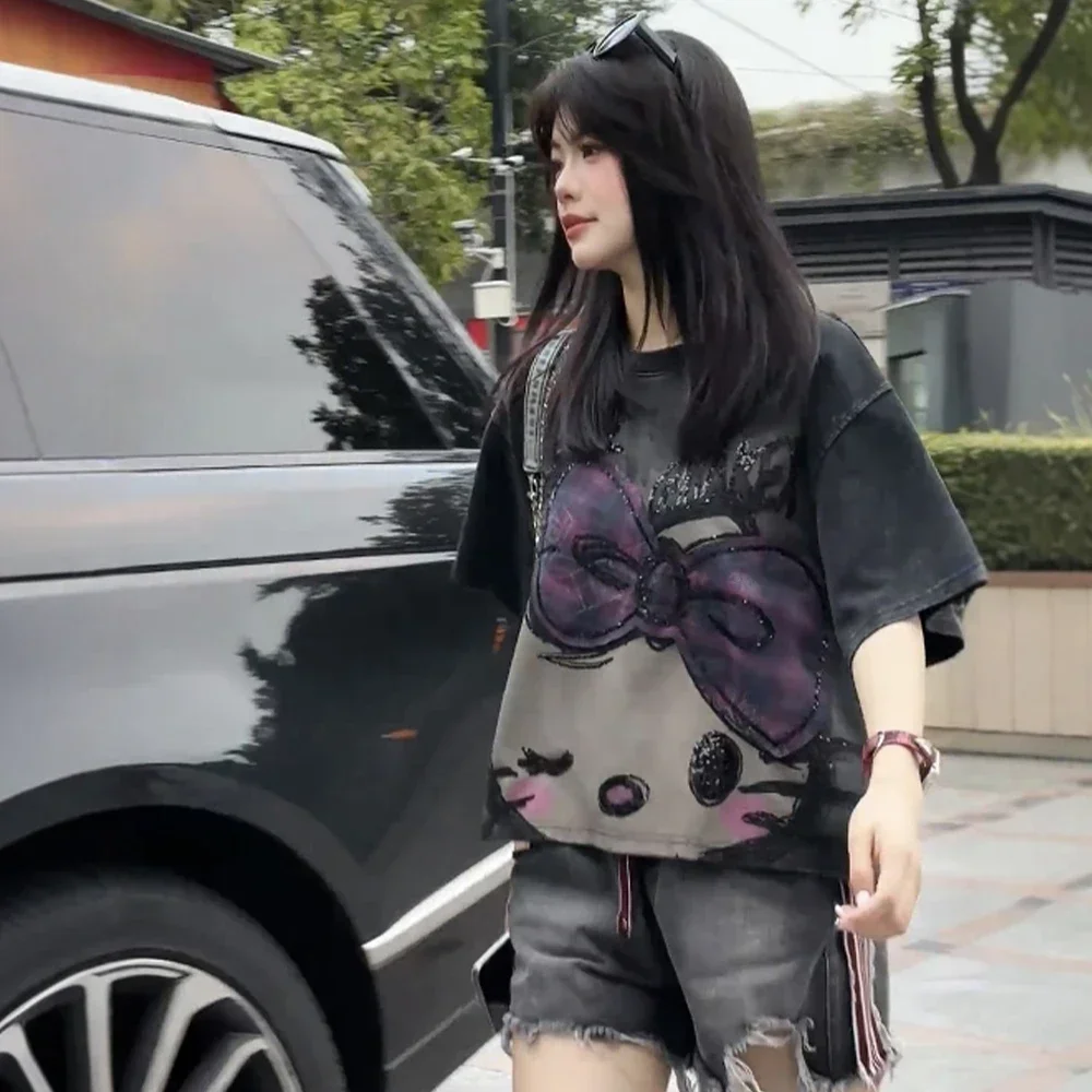 Y2K 헬로키티 여름 여성 반팔 티셔츠 애니메이션 산리오 만화 귀여운 스윗 코튼 여성 카와이 캐주얼 루즈 트렌드 탑