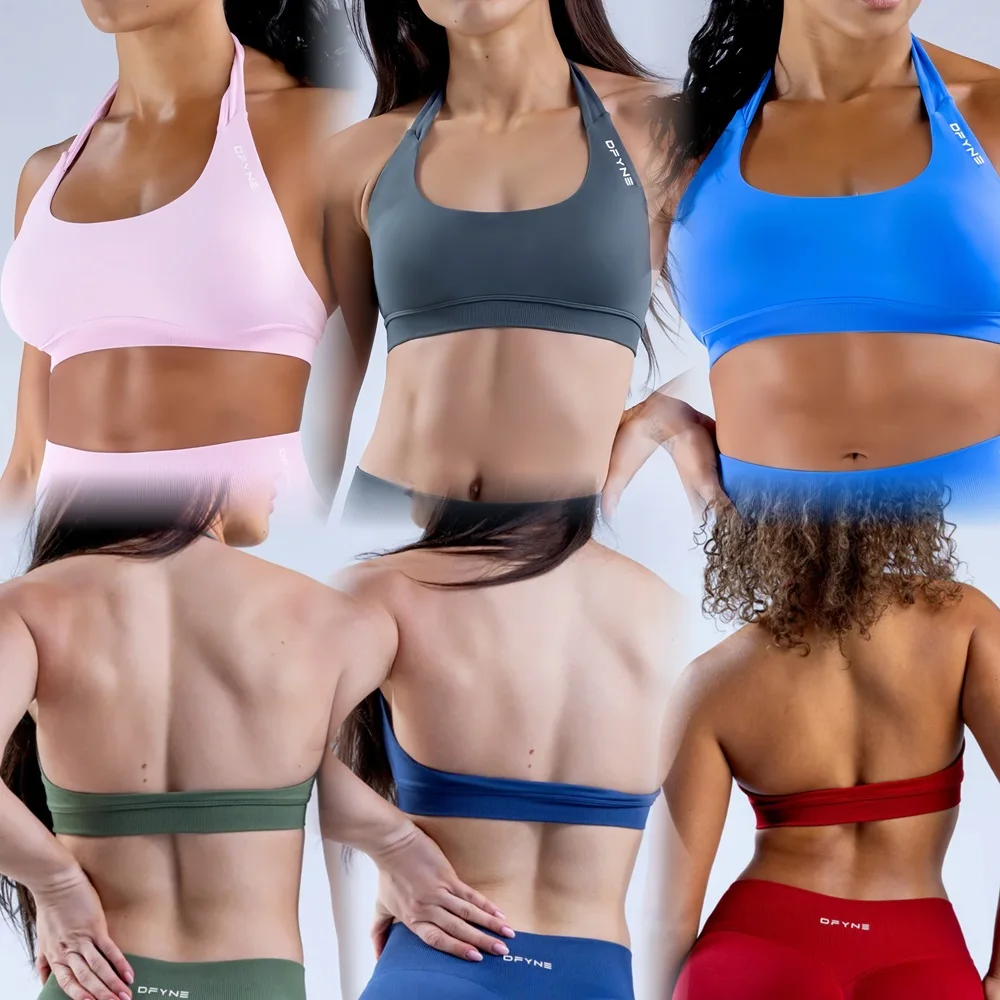 Bra olahraga Impact dengan Logo wanita, BH Halter tanpa kelim punggung terbuka, atas Yoga mendukung sedang, pakaian olahraga empuk atasan Crop Gym