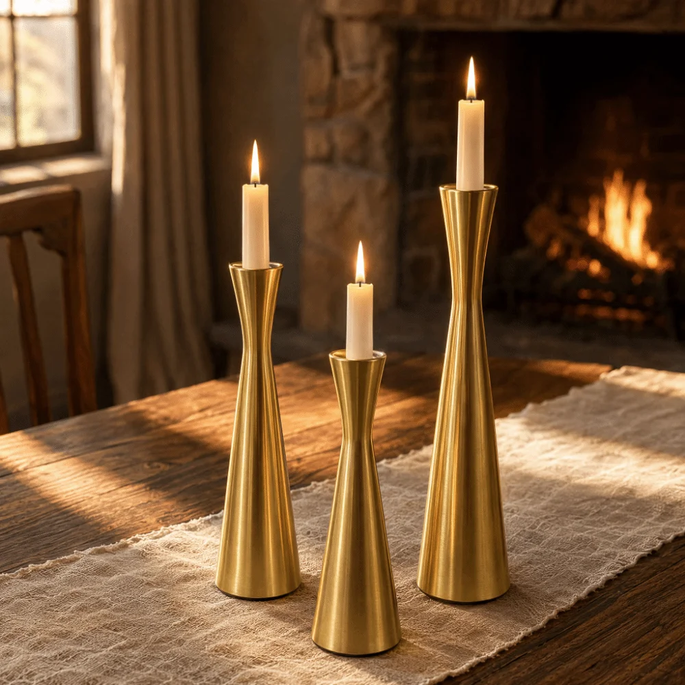 3pcs Aluminum Geometric Candle Holder Gold Color 2.36in Metal Candle Holder Large Medium Small Candlestick Holder Set