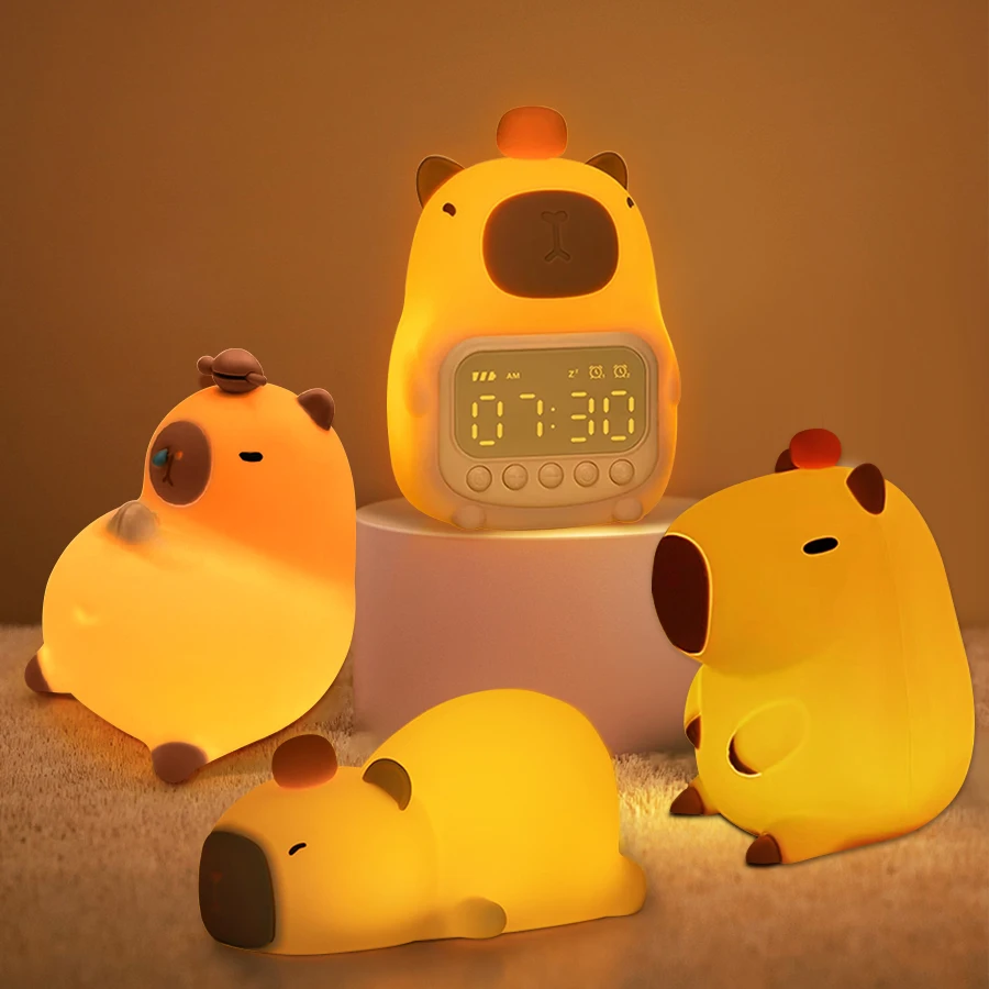 LED Night Lights Cute Capybara Silicone Lamp with Clock USB Rechargeable Timing Bedside Room Decor nightlight Kids Birthday Gift