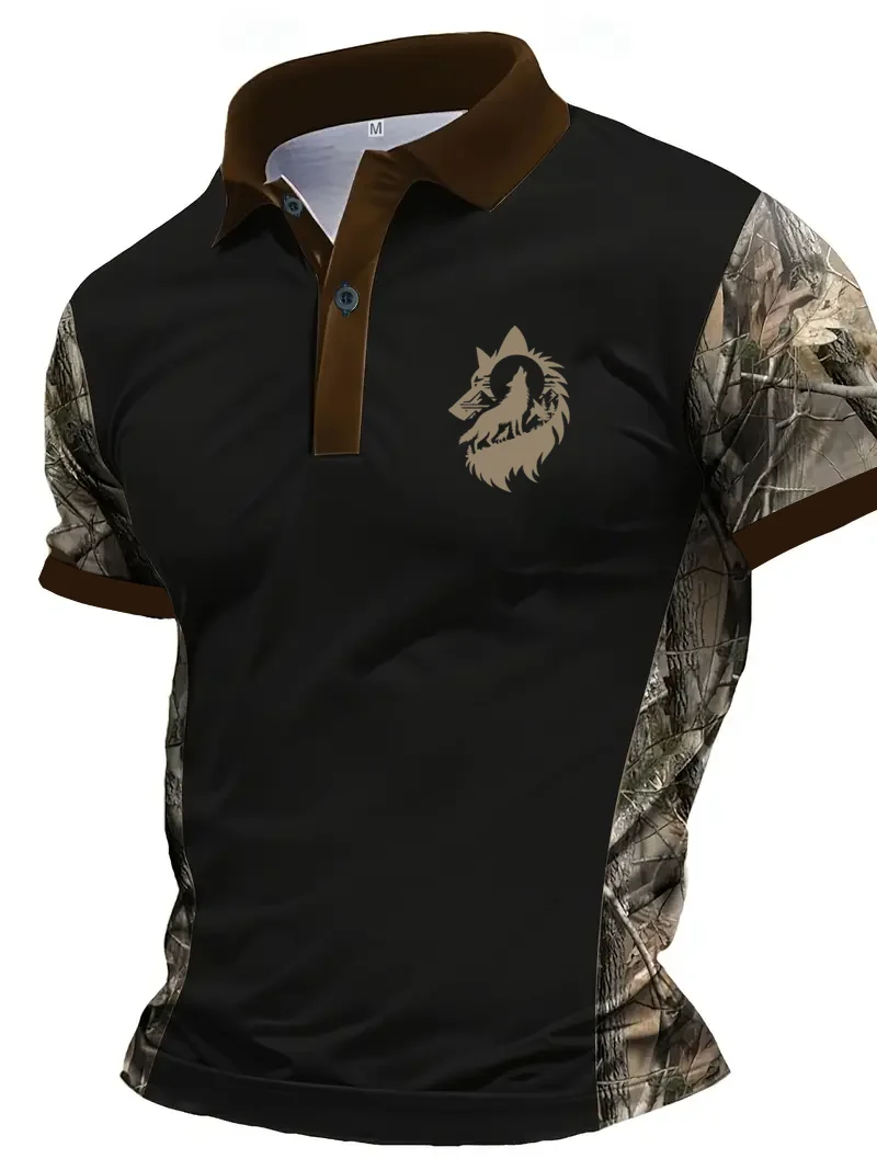 Neues Farbblock-Camouflage-Bedrucktes Kurzarm-Poloshirt Sommer Mode Herren Wolf-Print Lässiges Sport-T-Shirt