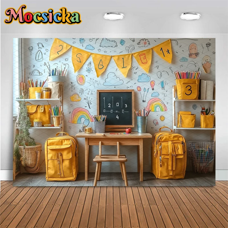 Mocsicka Photography Backdrop Back To School Kid Classroom Hand Drawn Doodle Yellow Backpack Stationery Flag Children Background