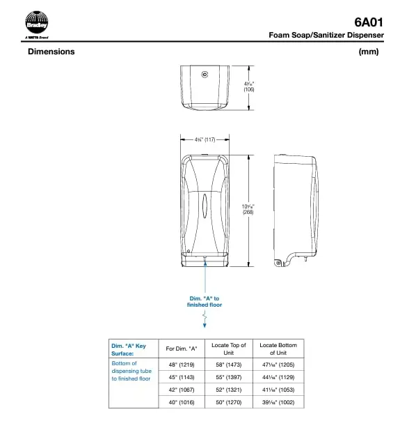 6A01-11 디플로매틱 폼 비누/손 소독제 디스펜서, 표면 장착형, 수직 탱크, 저전력 표시등, 건축용