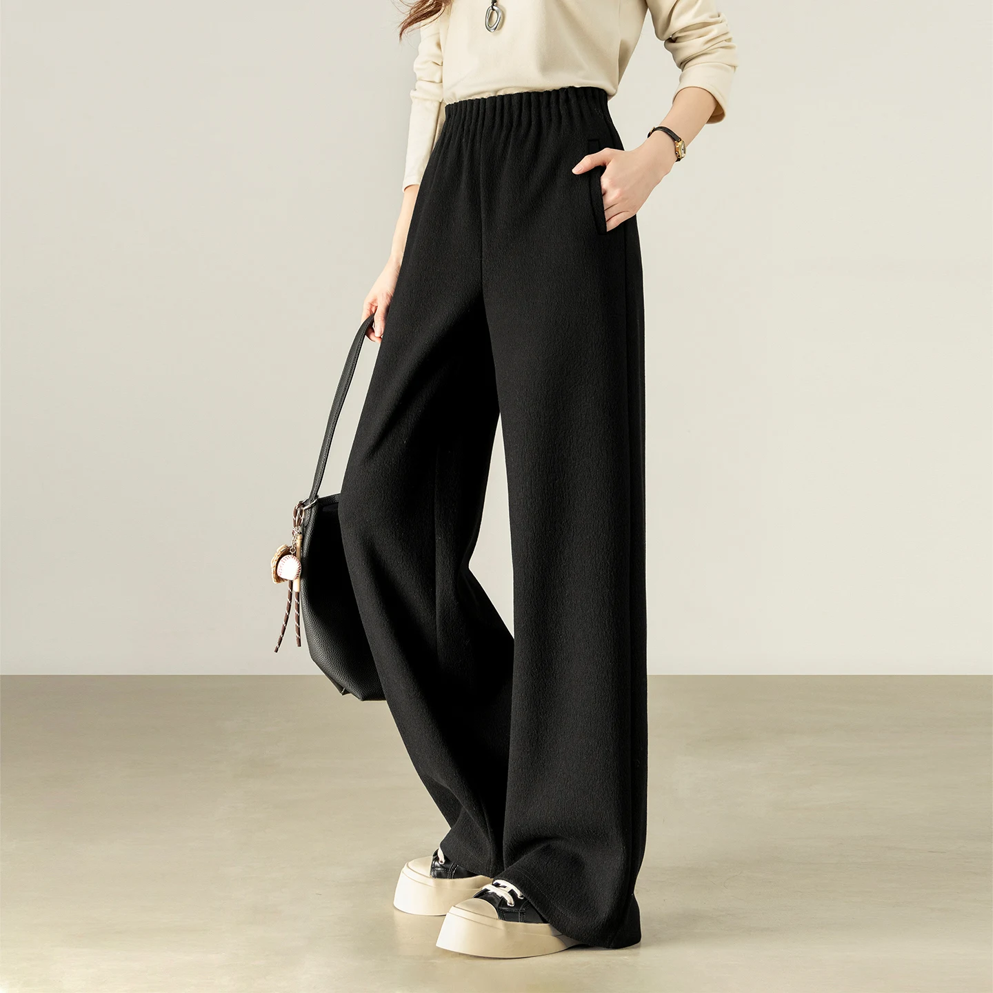 SENTUBILA Women's Wide Leg Pants 2026 Spring Wool Silk Blend Elastic Waist Straight Trousers Office Lady Loose Pant 154K80518