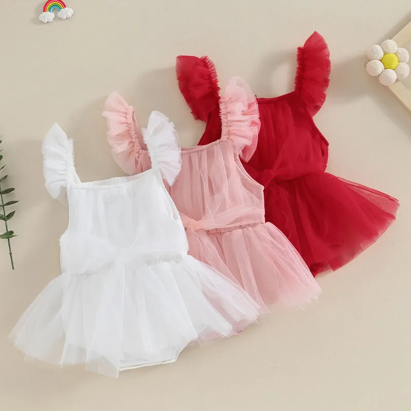 Newborn Baby Girl Dress Bodysuit Summer Clothes Sleeveless Tie Knot Front Pleated Tulle Dress Jumpsuit for Kids Infant Clothing