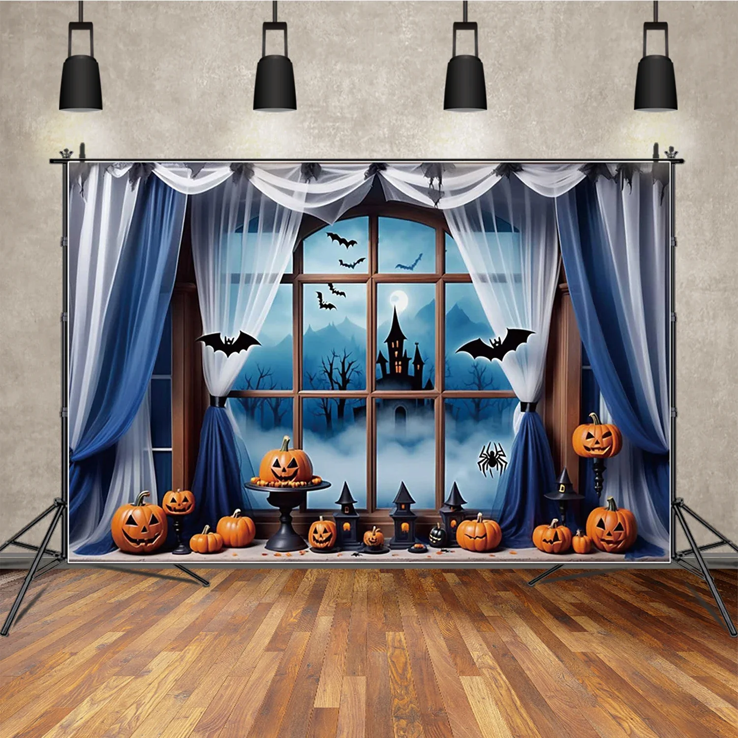 

MOON.QG Halloween Window Backdrops for Photography Bats Moon Curtain Birthday Photo Party Background Photocall Custom Photocall