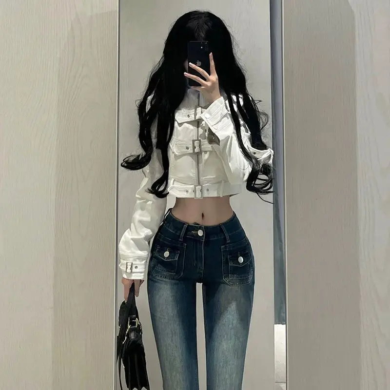 High Street Retro Cool Sa Spice Girl Short Leather Jacket Women's Niche Locomotive Style Ruffian Handsome Belt Jacket Top