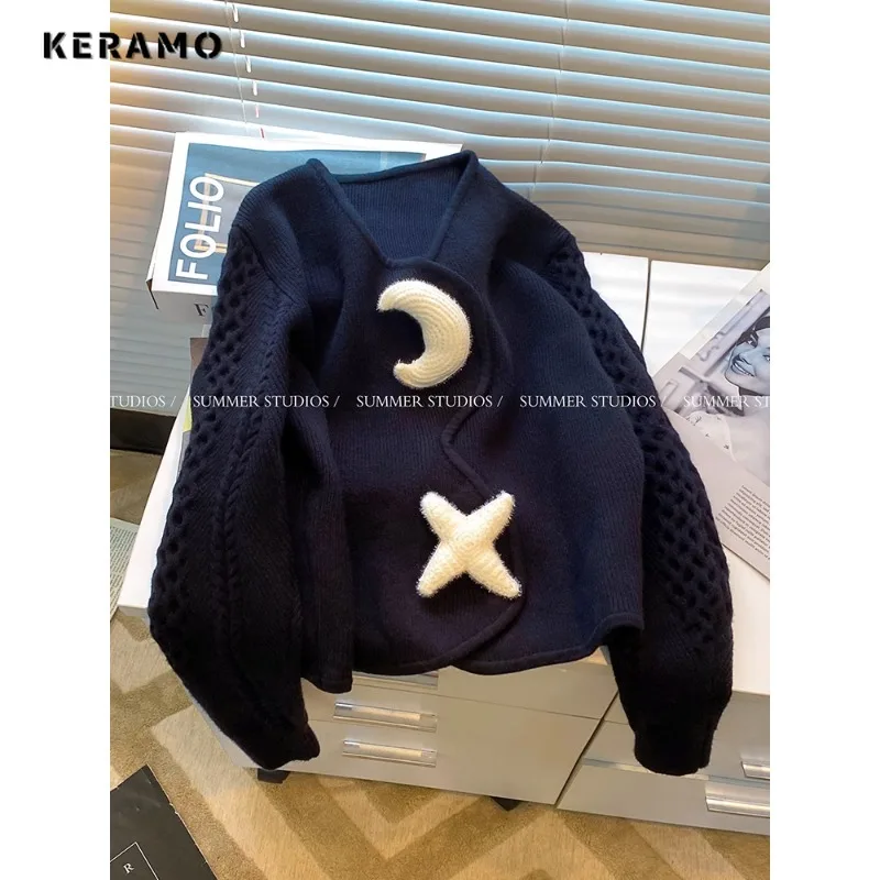 

2023 Autumn Winter Casual Y2K Knitting Long Sleeve Black Pullovers Korean Fashion Women Geometric Ladies Loose Fit Sweater