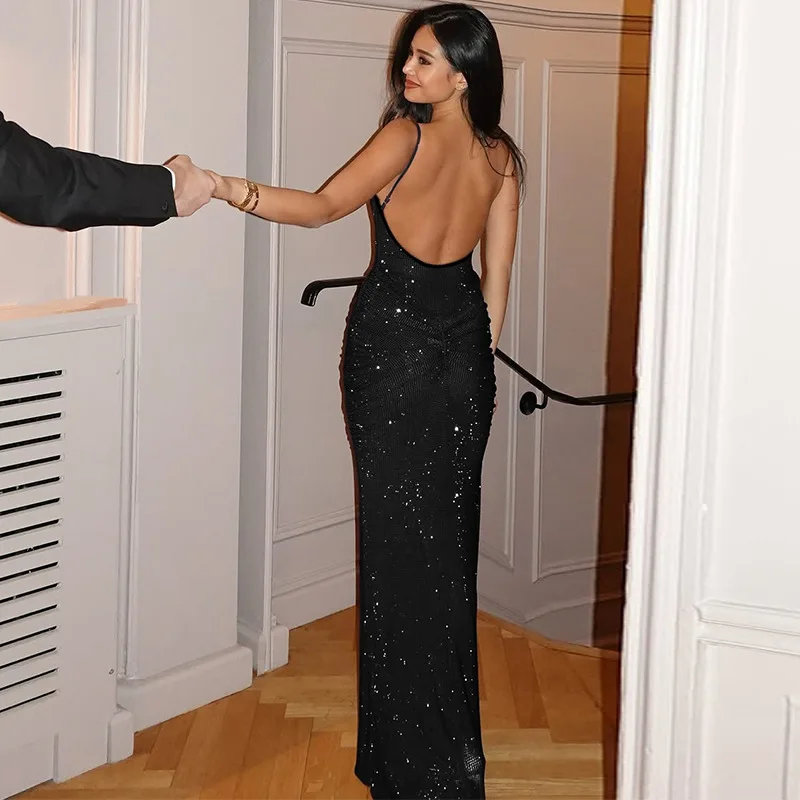 ผู้หญิงเซ็กซี่Glitter Ruched Bodycon Camisole Maxiชุดราตรีสปาเก็ตตี้สายคล้องคอBacklessจัดเลี้ยงวันเกิดยาวRobe Clubwear