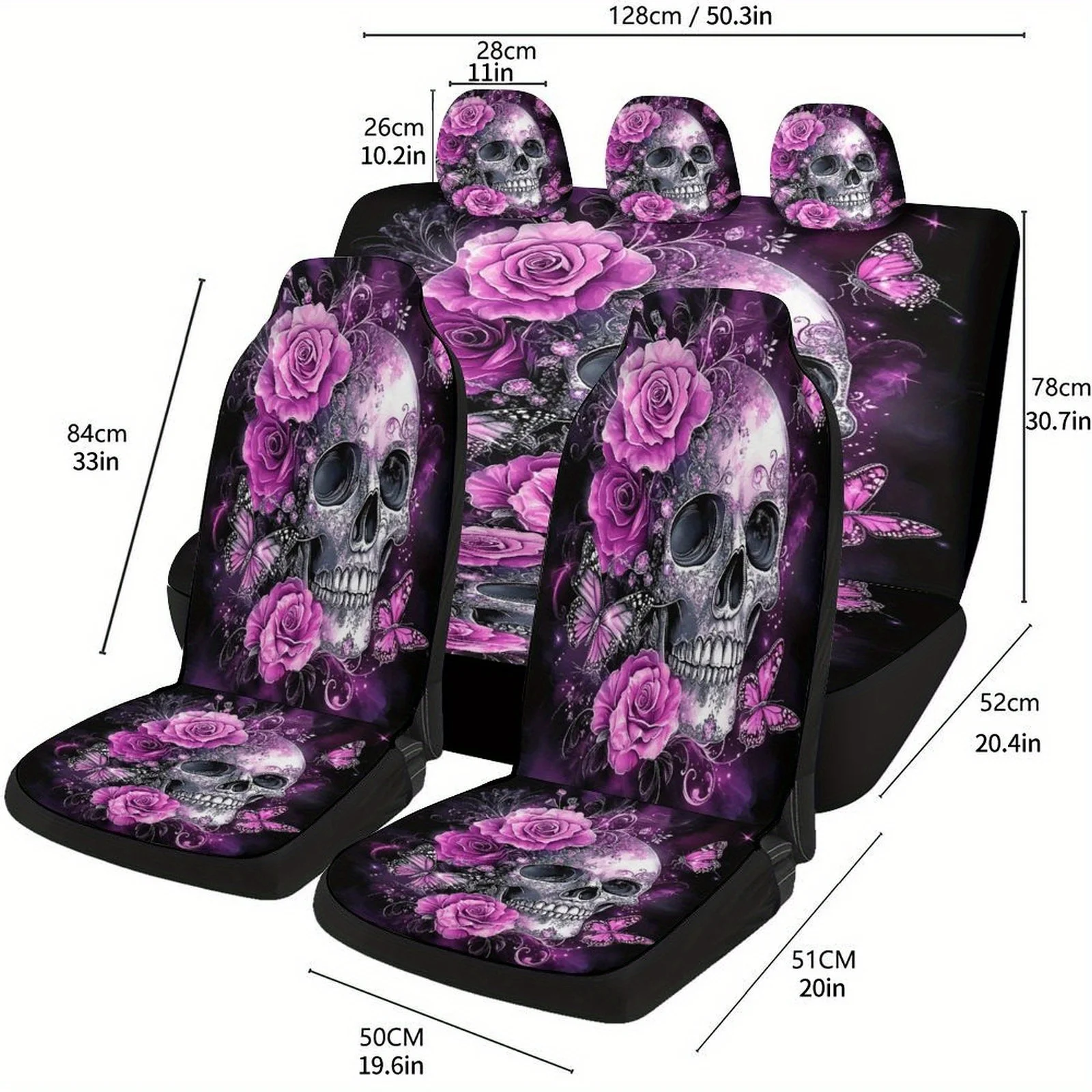 

Purple Roses And Skull Themed Car Seat Cover Set For Most Cars, Fashion Personalized Novelty Car Seat Protector Covers Full Set,