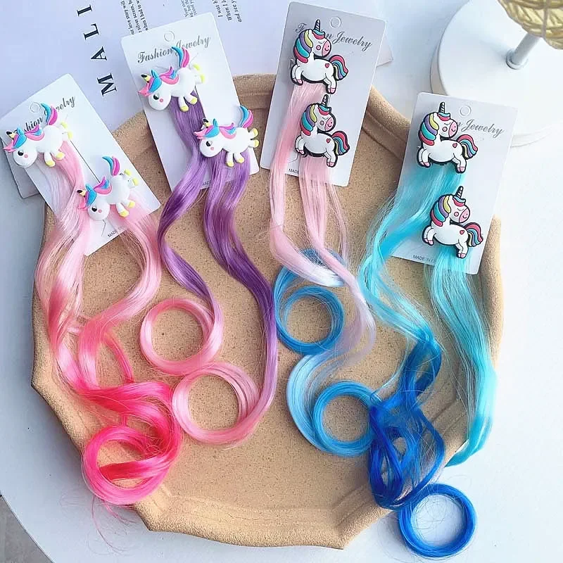 New Korean Bows Hair Clips Princess Ties Girls Colorful Wigs Unicorn Ponytail Hair Clips Headwear Braid Kids Gift Accessories