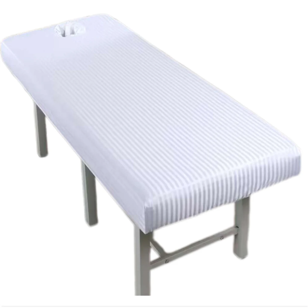 1PCS White Striped Massage Table Bed Fitted Sheet Elastic Full Cover Massage Treatment Cosmetic SPA Bed Cover with Face Hole