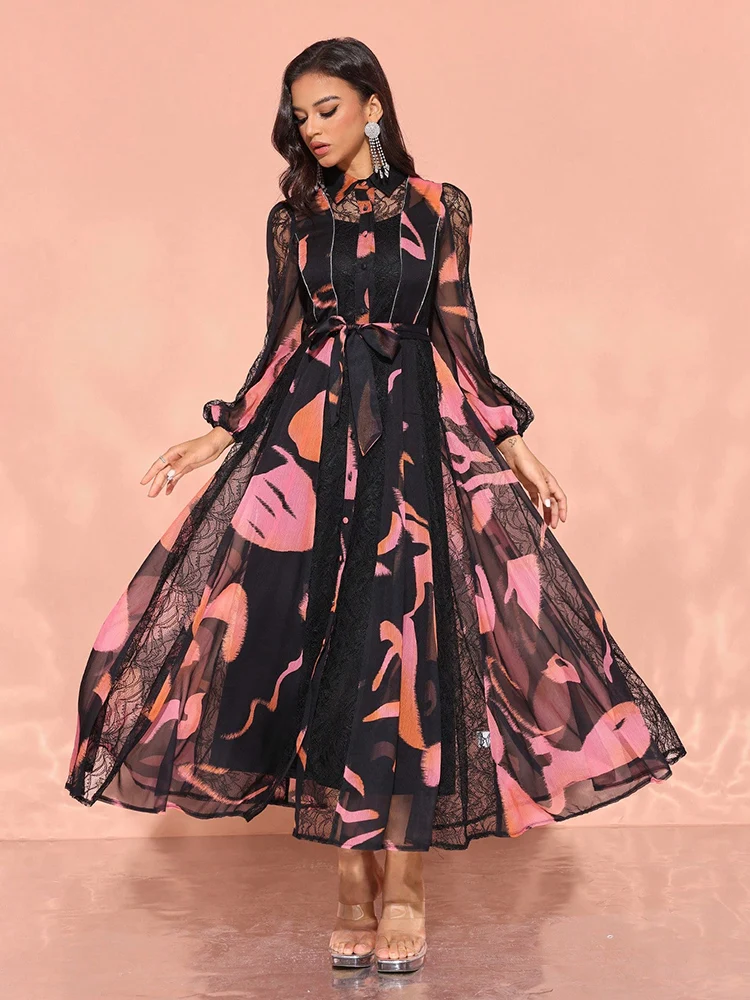 TOLEEN 2pcs/Set Women Elegant Random Lace Print Dress 2025 New Summer Fashion Casual Vintage Formal Party Evening Long Dresses