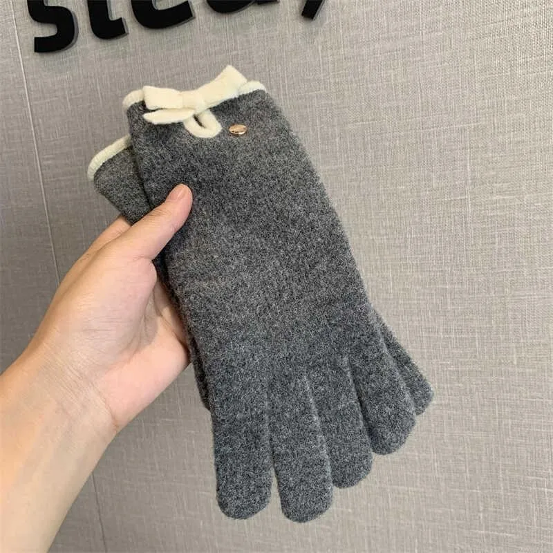 Solid Color Bow Split-finger Gloves Extended Wrist Guards Windproof Cold Cycling Gloves Touchscreenable Warmth