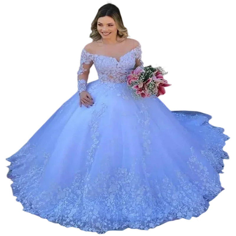 

Customized Fashion Off The Shoulder Lace Appliques Wedding Dresses Vestido Novia Sweep Train Illusion Back Plus Size Bridal Gown