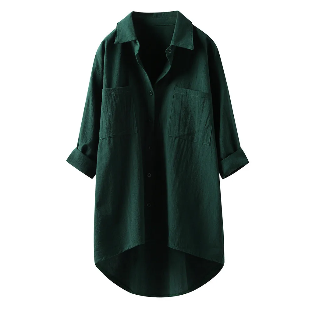 

Casual Pure Color Linen Shirt For Women Long Sleeve With Double Pockets Spring And Autumn New Arrival
