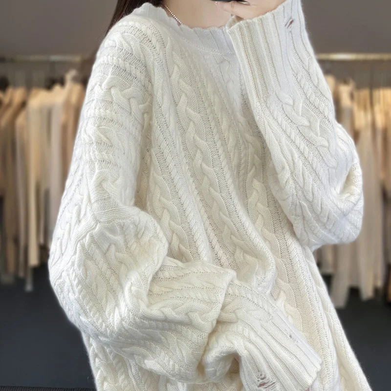 

Heavy Industry Cable Cashmere Knitted Sweater 100% Merino Wool Pullover Soft Long Sleeves Basic Solid Color Casual Clothing Top