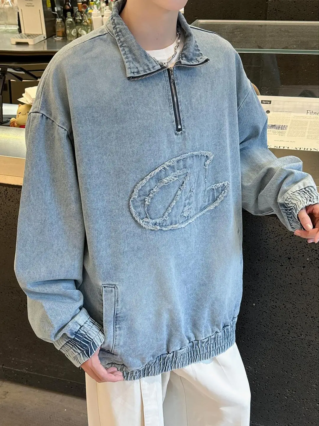 

Американский элитный мужской джинсовый свитер с воротником на молнии, повседневная износостойкая весенне-осенняя верхняя одежда