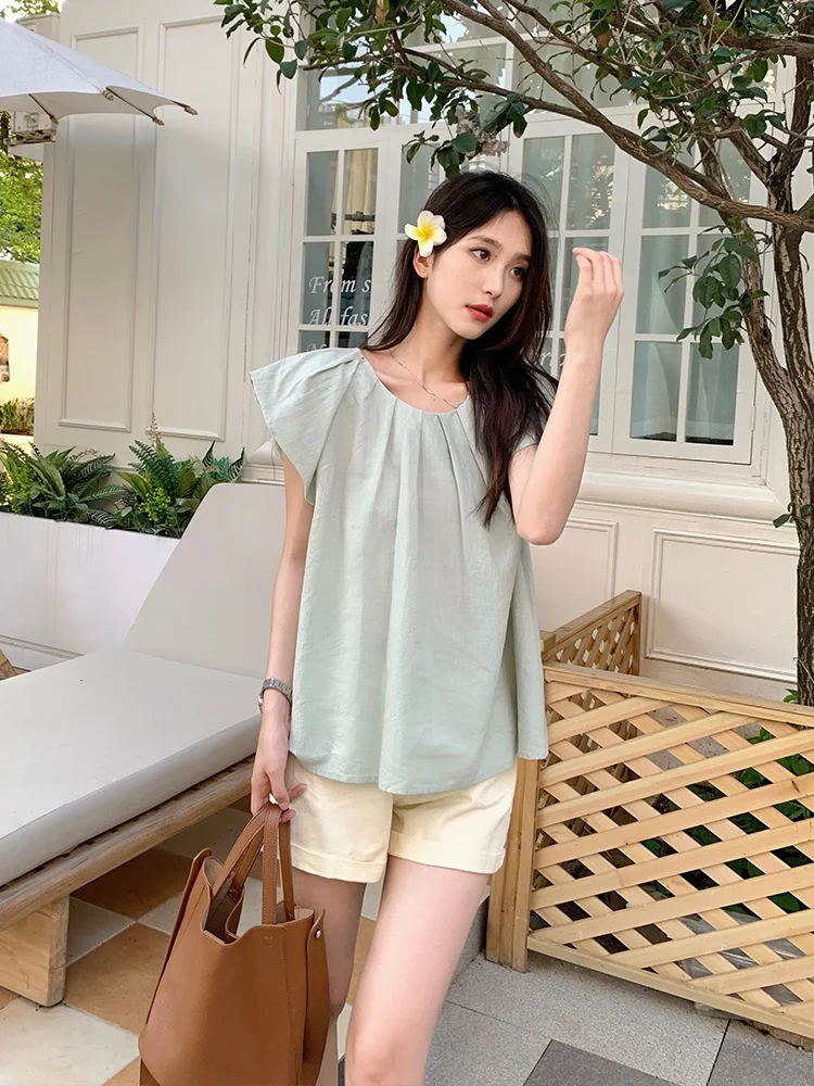 

Light een Pleated Svel round Ne T-irt Women's Loose Versatile Anti-aging Summer New Sle Yang Pao Pao Commute Sle