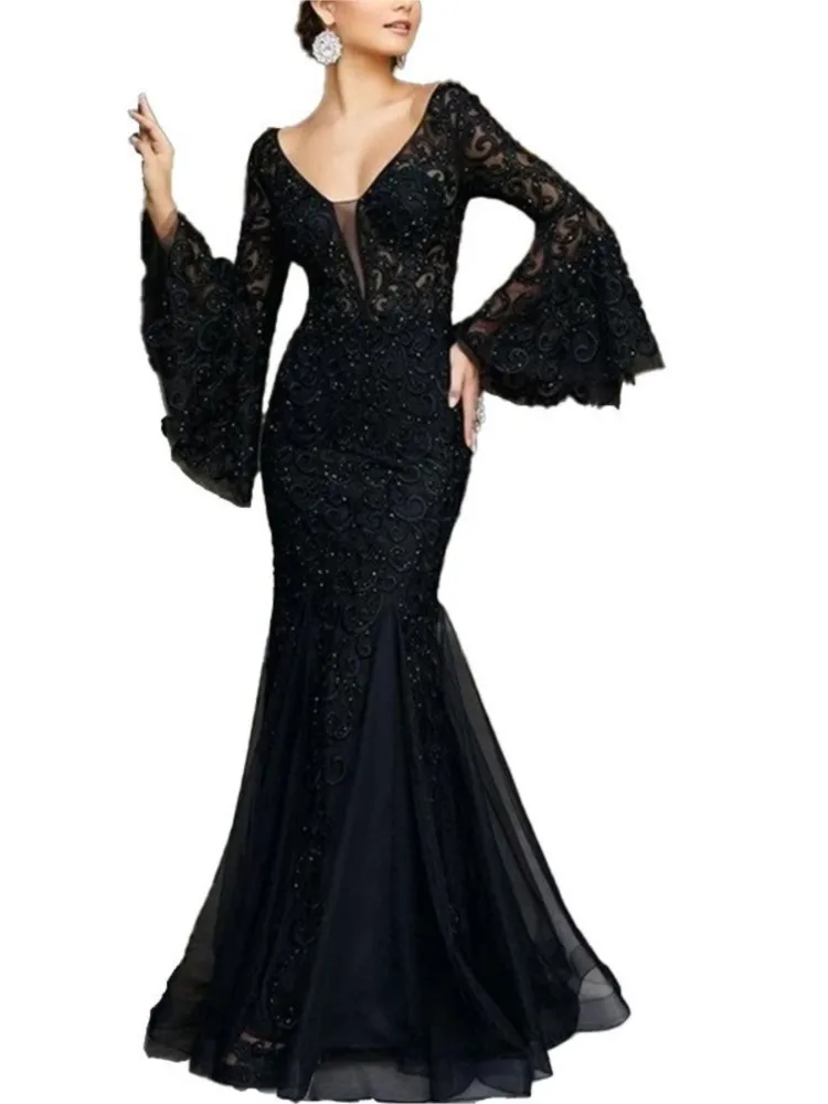 Neue frauen Sexy V-ausschnitt Spitze Flare Hülse Hochzeit Party Kleider Weibliche Abend Elegante Nachtclub Prom Maxi Meerjungfrau Kleider