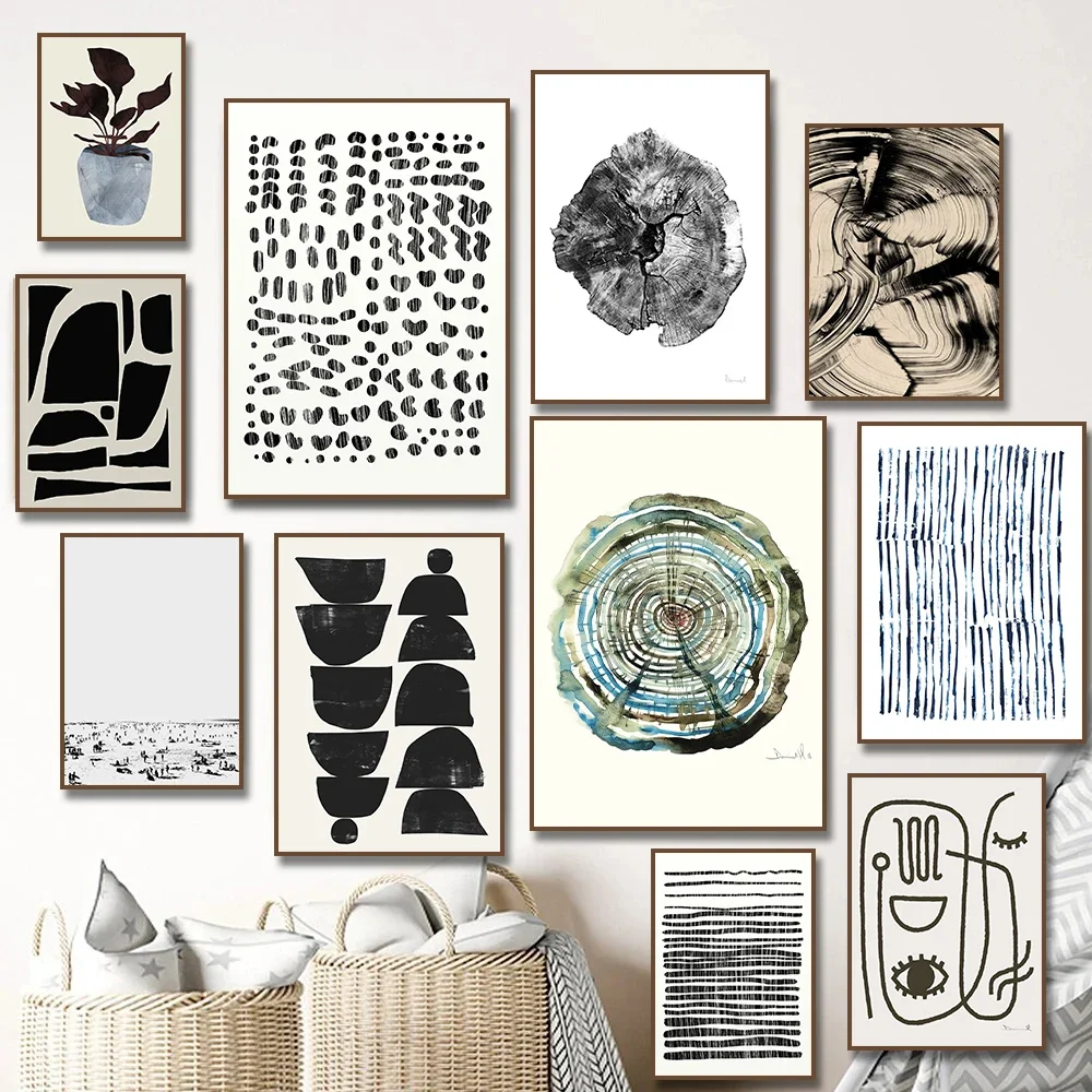 Multiple sizes 1pc frameless Canvas Painting Abstract Line Face Dots and Strokes Minimal Plant Oak Log Canvas Painting Print Pos