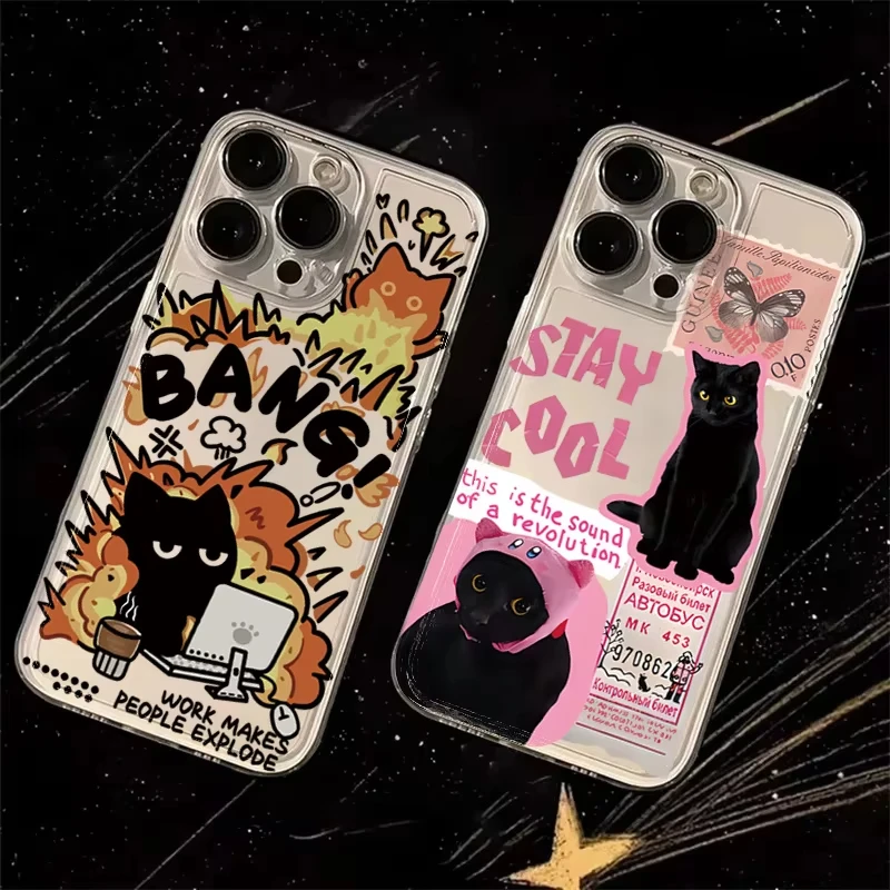 Creative Label Black Cat Phone Case for Samsung Galaxy A55 A35 A25 A15 5G A24 A23 A22 A32 A52S A71 A72 A51 4G Transparent Cover