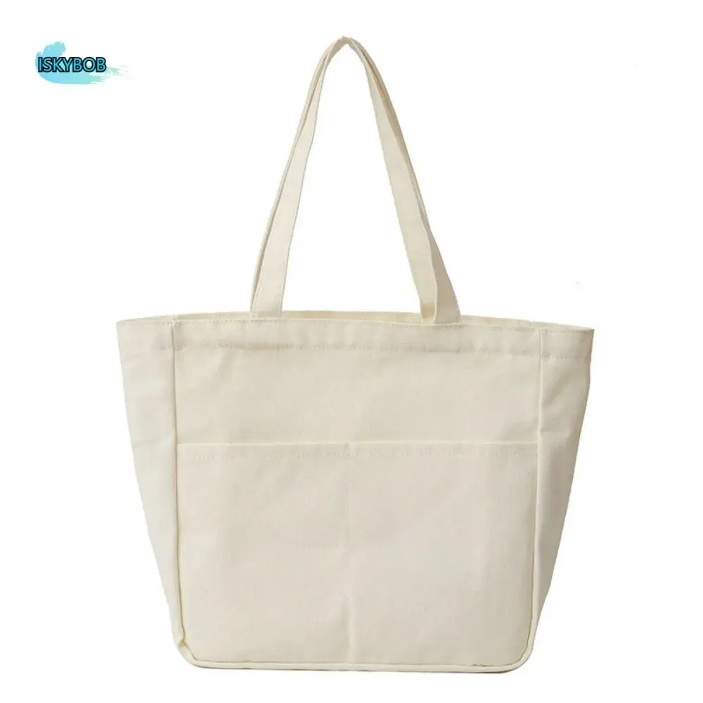 

Simple Solid Color Canvas Tote Bag Large Capacity Pocket Shopping Handbag Reusable Korean Style Cloth Shoulder Bag Women