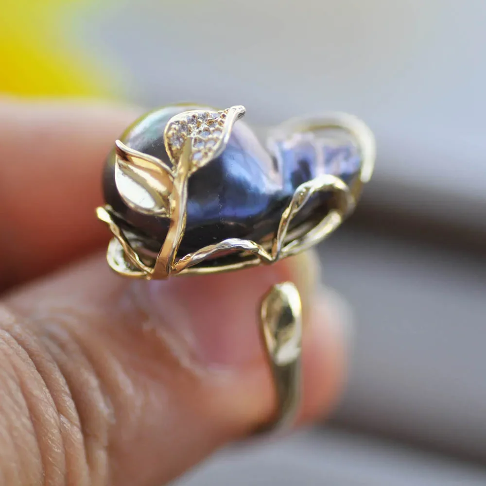 

Кольцо с классическим жемчугом AAA15-20 мм из натурального черного жемчуга Южного моря в стиле барокко 925s