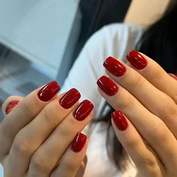 24 Pcs Short Solid Color Press on Nails Acrylics Autumn and Winter New Year Red False Nails Reusable Adhesive Square Nail Tips
