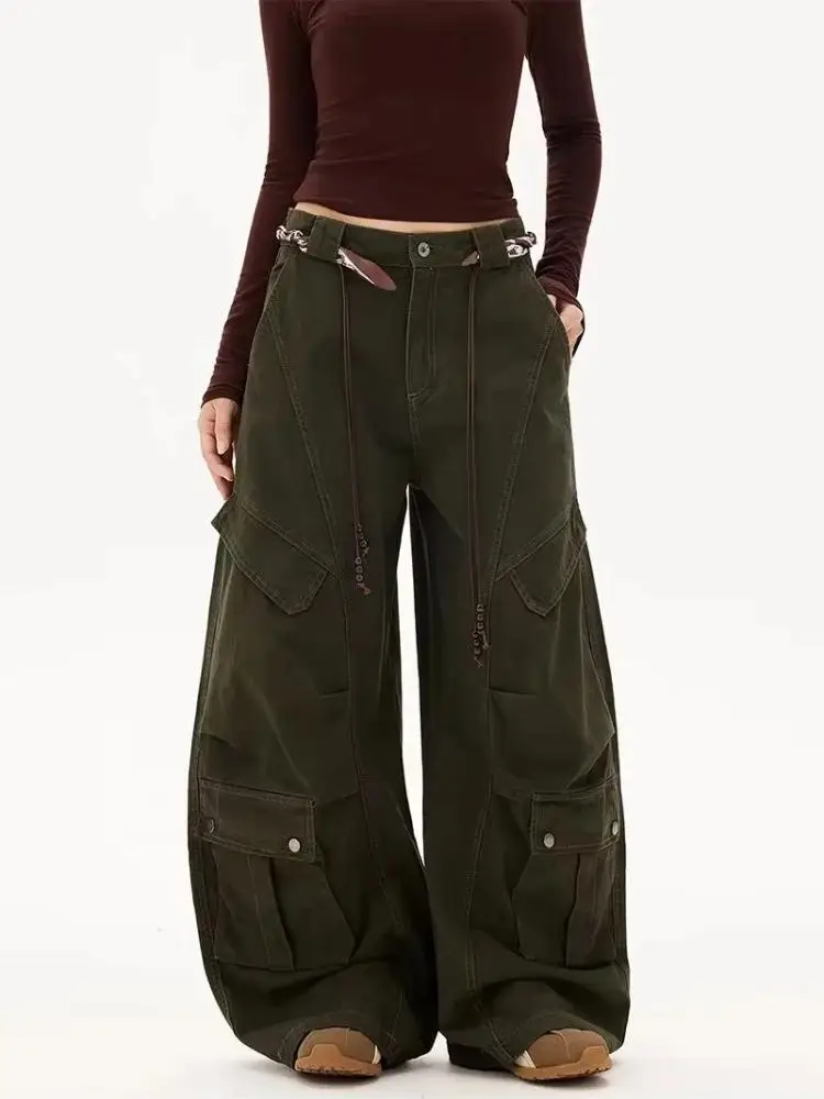2026 American Retro Y2K Style Green Baggy Women's Cargo Jeans Pants Woman Clothing Wide Leg Multi Pockets Cotton Long Trousers