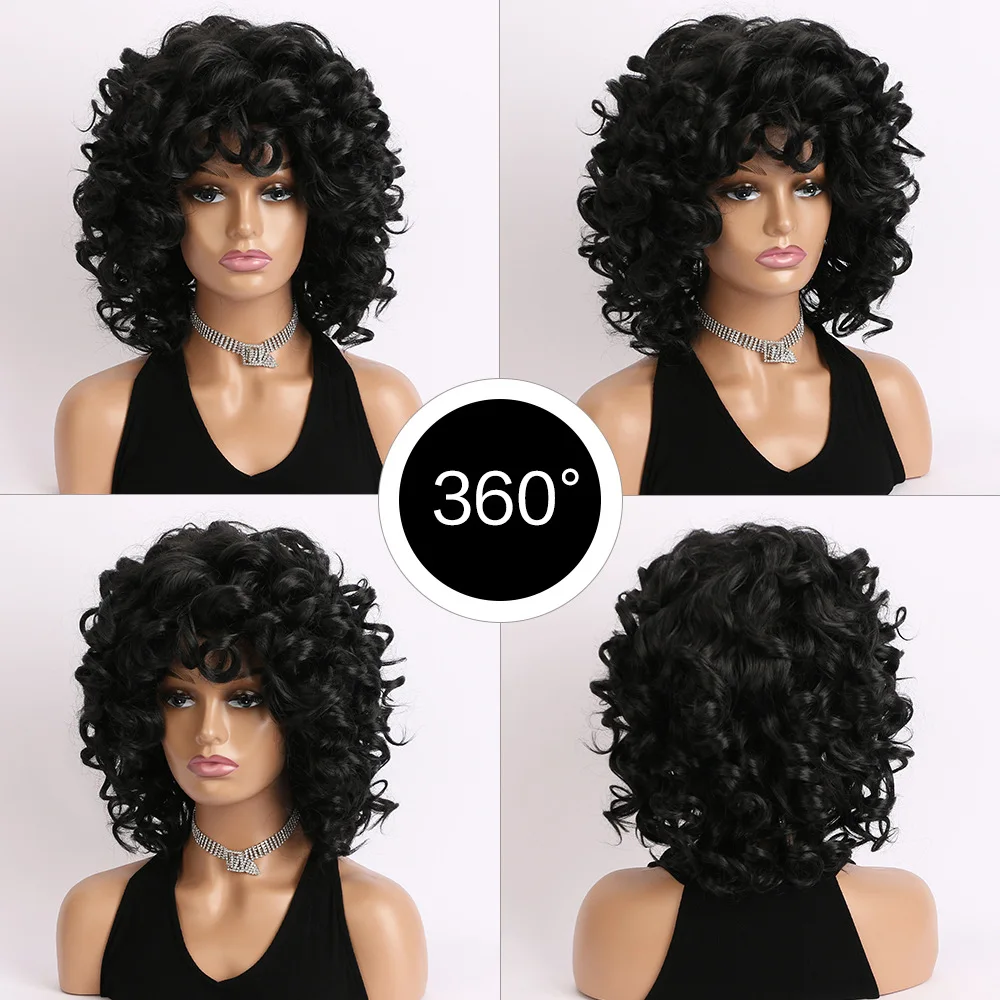 Women's Fashion Black Curly Synthetic Wigs with Bangs Afican Kinky Glueless Curly Hair Natural Look Cosplay Party Wig