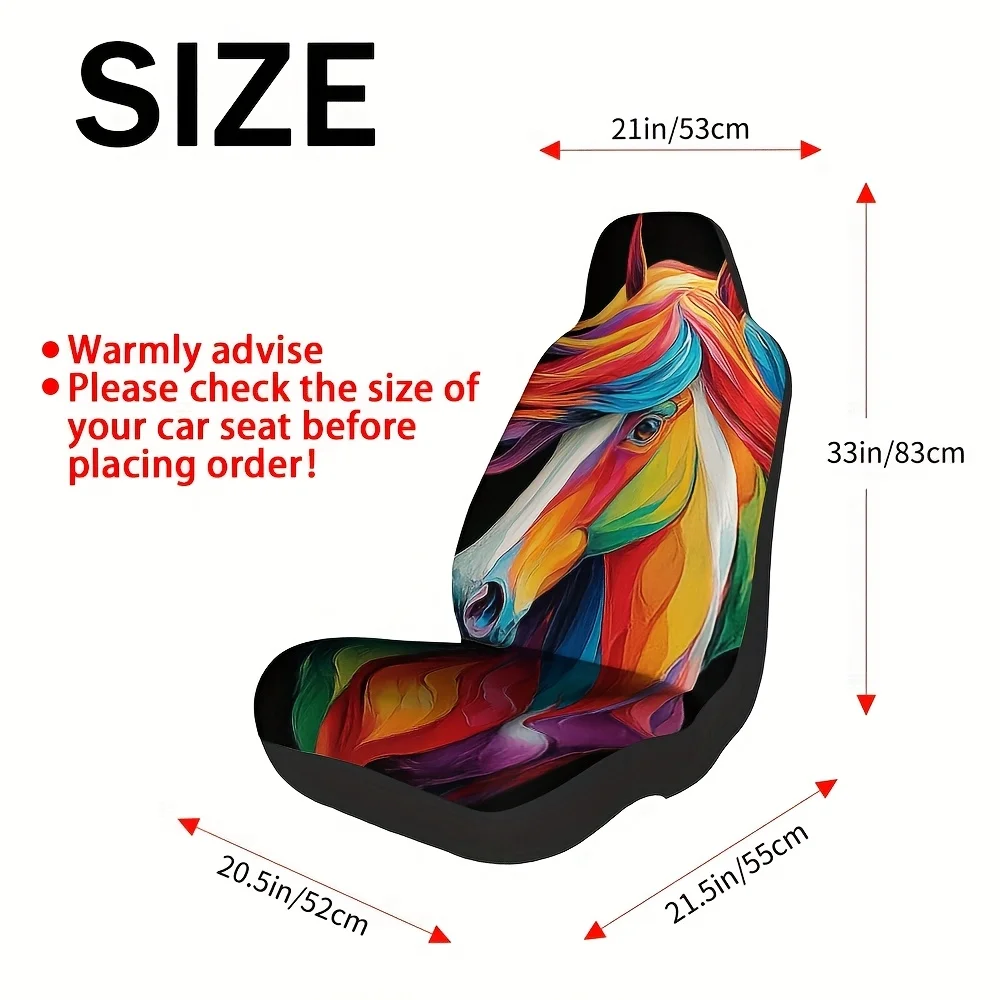 2pcs Vibrant Rainbow Horse Portrait Front Seat Covers - Durable, Comfortable, And Stylish Car Seat Covers With Colorful Horse De