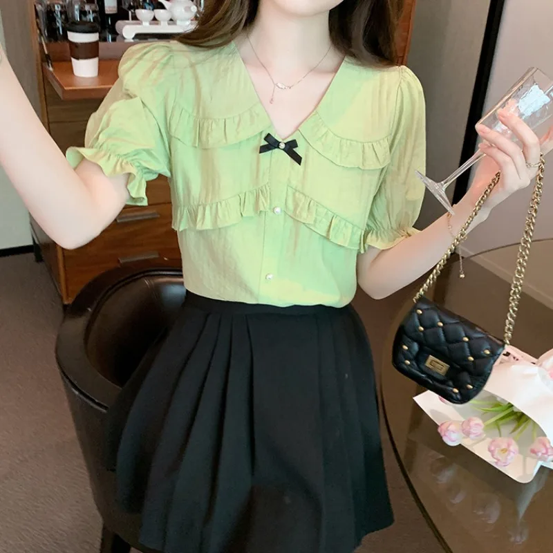 Summer French Chiffon Shirt Pullover V-neck Panel Button Wooden Ear Edge Fashion Solid Color Western Leisure Short Sleeved Tops