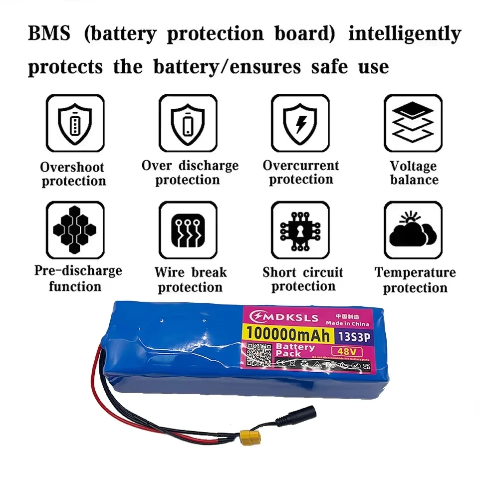 48V Battery Pack 100Ah 13S3P  Lithium-ion with 1000Wfor 54.6V E-bike Electric Bicycle Scooter Kit built-in BMS 100%18650Original