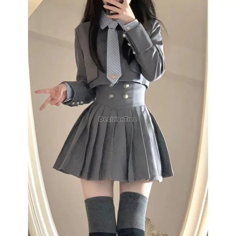 2023 Jk Korea Uniform College-Stijl Shirt Met Lange Mouwen Kort Pak Jasje Met Hoge Taille Geplooide Rok Mode Driedelige Set S787