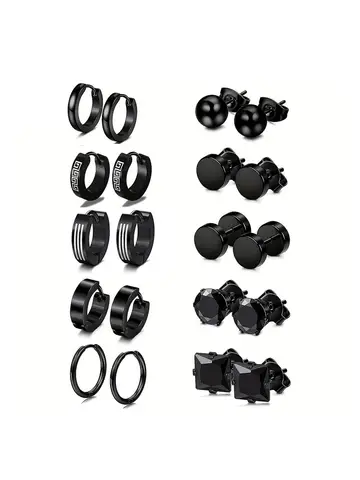 10pairs Earrings Black Stainless Steel Stud Earrings Set For Men Women, Fashion Piercing Jewelry Dangle Hoop Earrings Set