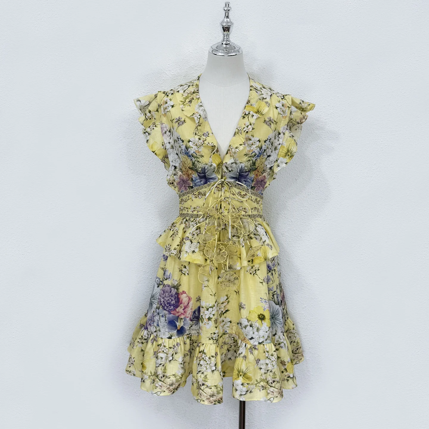 Summer Fashion Party Floral Print Linen Knee-Length Dress Women's V-Neck Appliques Lace Up Diamond High Waist Flounces Hem Dress