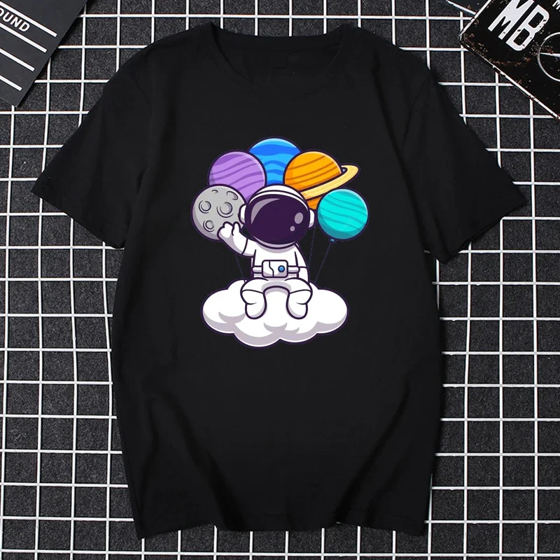 Astronaut Sitting Cloud with Planet Balloon Cartoon Women Clothing Kawaii Streetwear Graphic Tshirts Men Breathable Tops