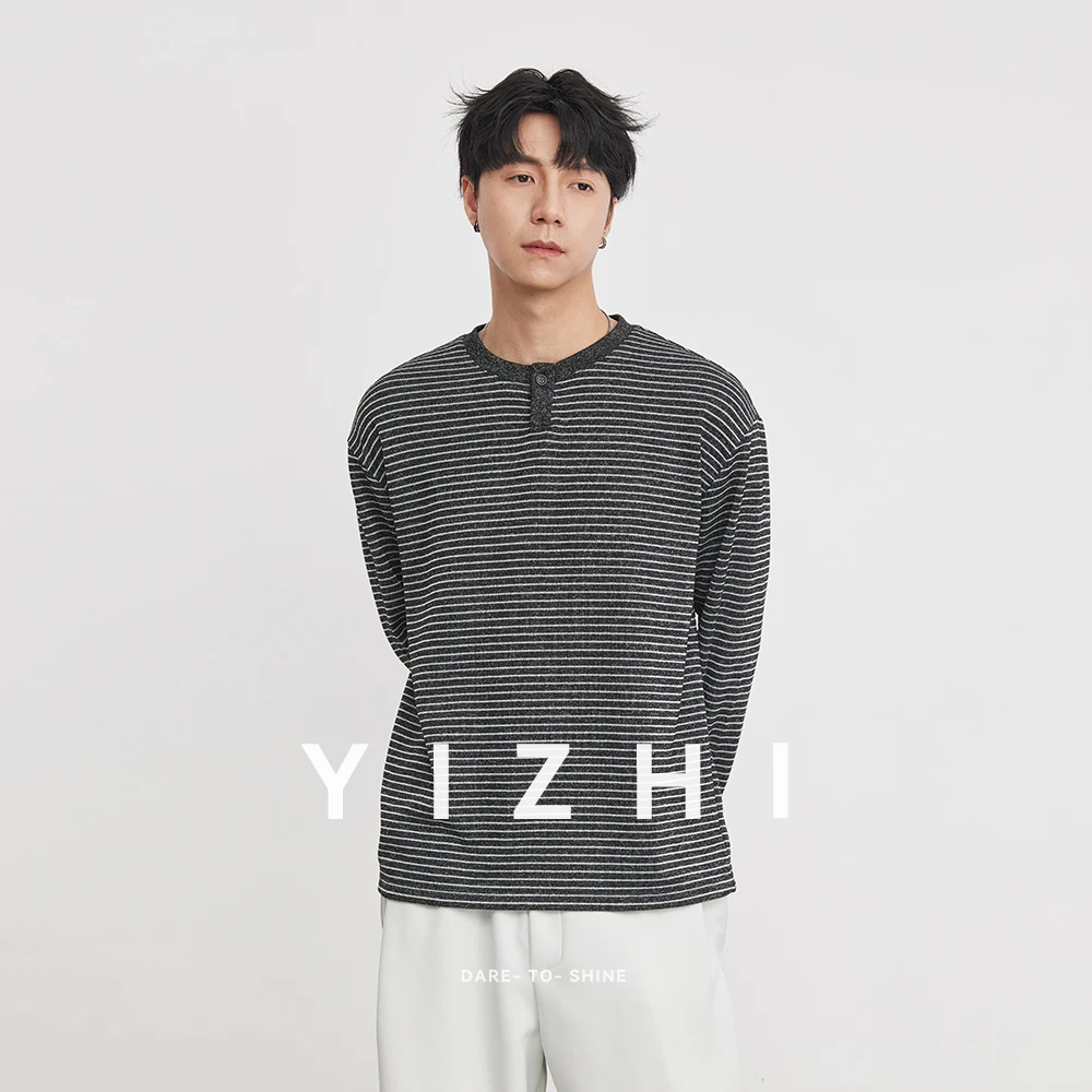260g Striped Knitted Henley Neck Long Sleeve T-Shirt Men 2026 Spring Autumn Textured Design Casual