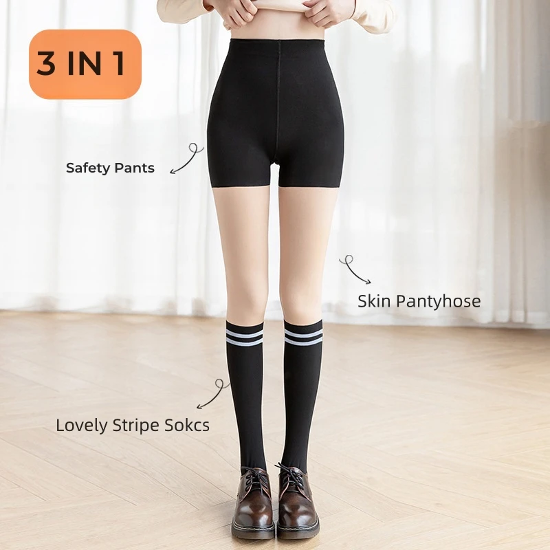 DOIAESKV New Women Stockings Striped Splicing Pantyhose Thin Fake Calf Socks High Tube Over Knee Stockings Matching Dress Tights