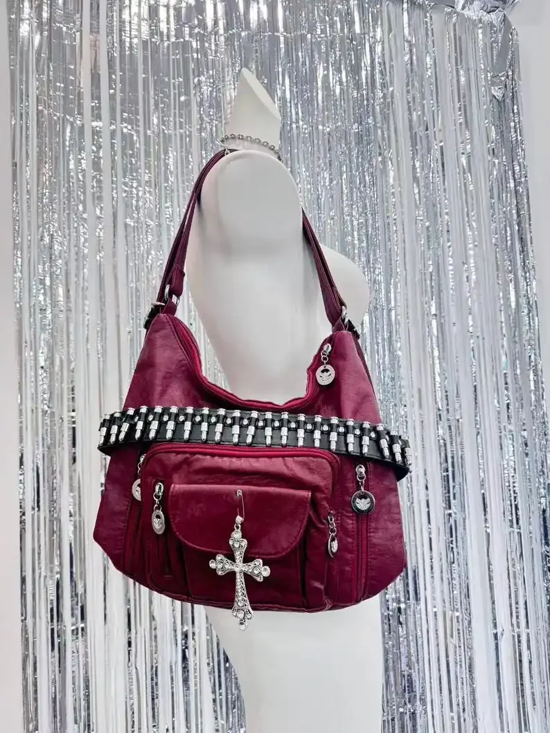 Red PU Leather Handbag with Heart-shaped Rhinestone Decoration Punk Goth Bag Y2k Red Shoulder Bag