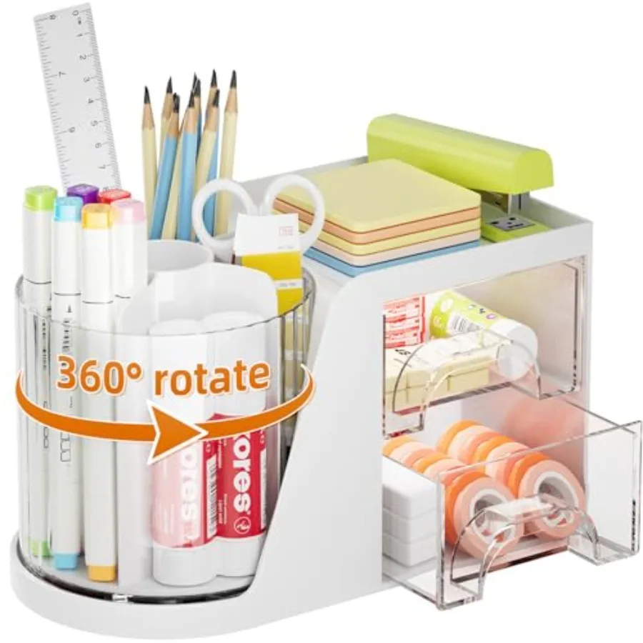 Desk Organizer with 2 Drawer, 360°Rotating Pen Holder, Desk Organizers and Accessories with 6 Slots Pencil Organizer + 2 Drawer
