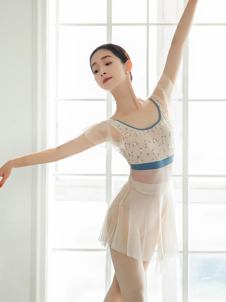 Embroidered Lotus Leaf Sleeve Dance Gymnastics Clothes Adult Women Body Quality Elegant Ballet Practice Leotards