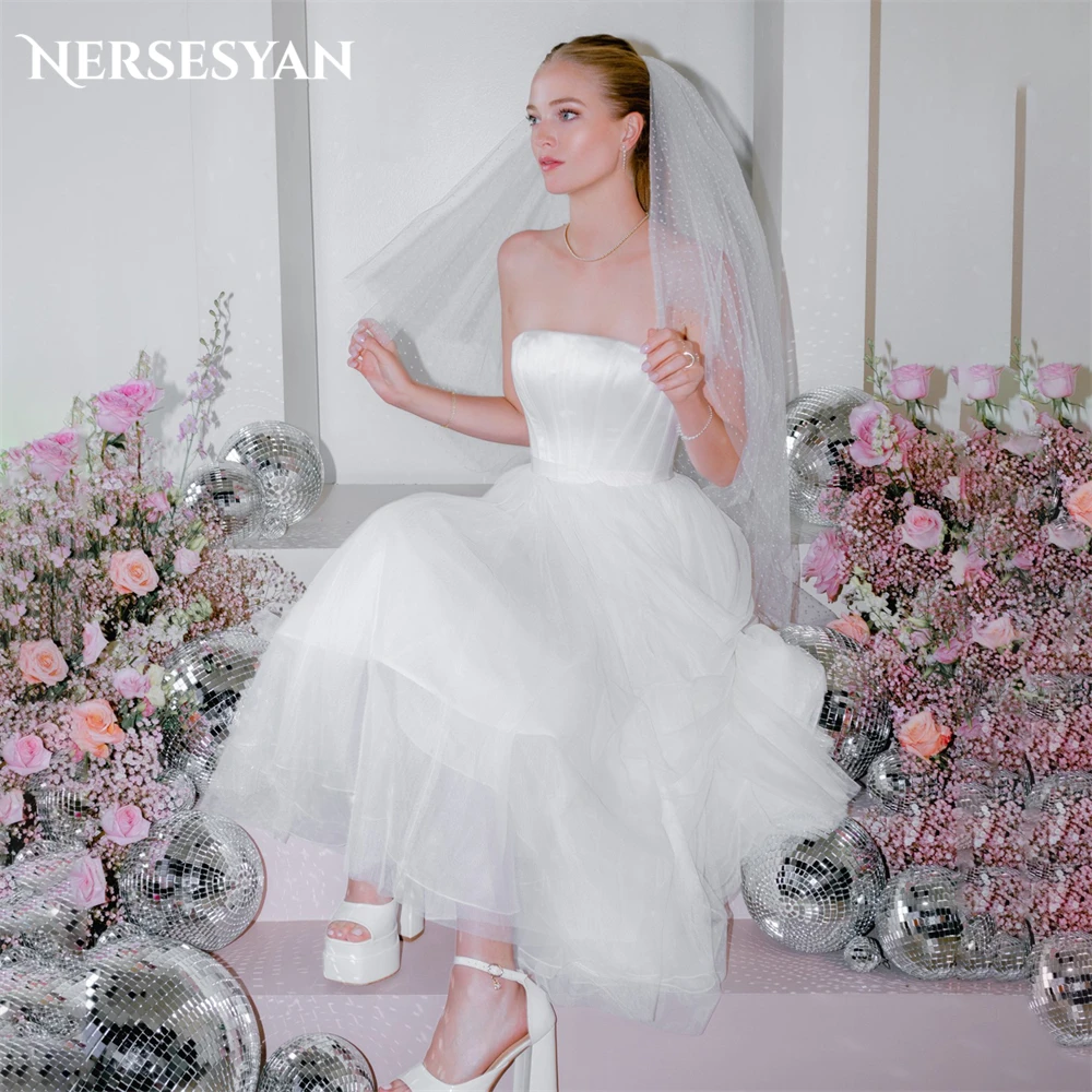 

Nersesyan Pure Tulle Wedding Dresses Off Sholder Removable Puff Sleeves A-Line Bridal Gowns Backless Ankle Length Bride Dress