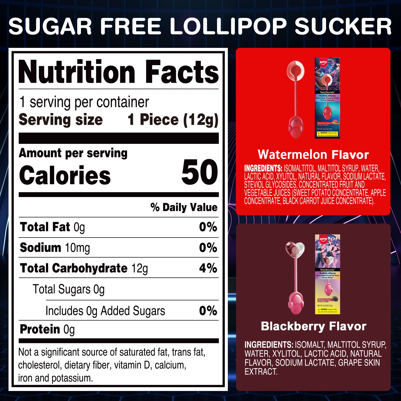 Amos TastySounds Audio Singing Smart Lollipop Gift Watermelo&Blackberry Flavor Bone Conduction Music Lollipop Candy