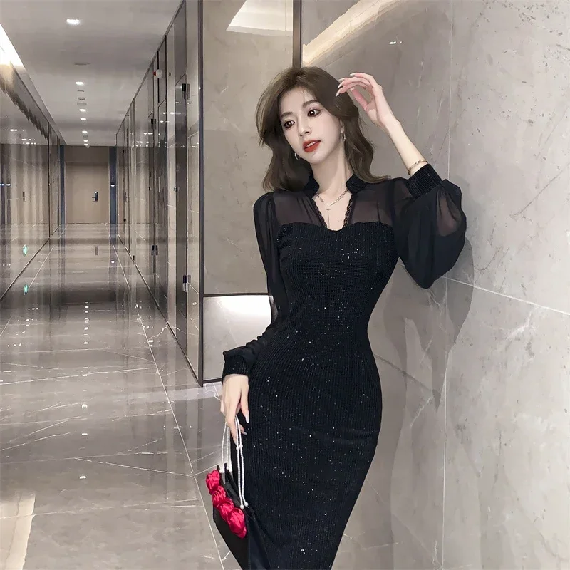 Ezgaga Sexy Dresses Women Mesh Patchwork Lantern Long Sleeve Sequins Slim French Style Chic Autumn Fashion Ladies Party