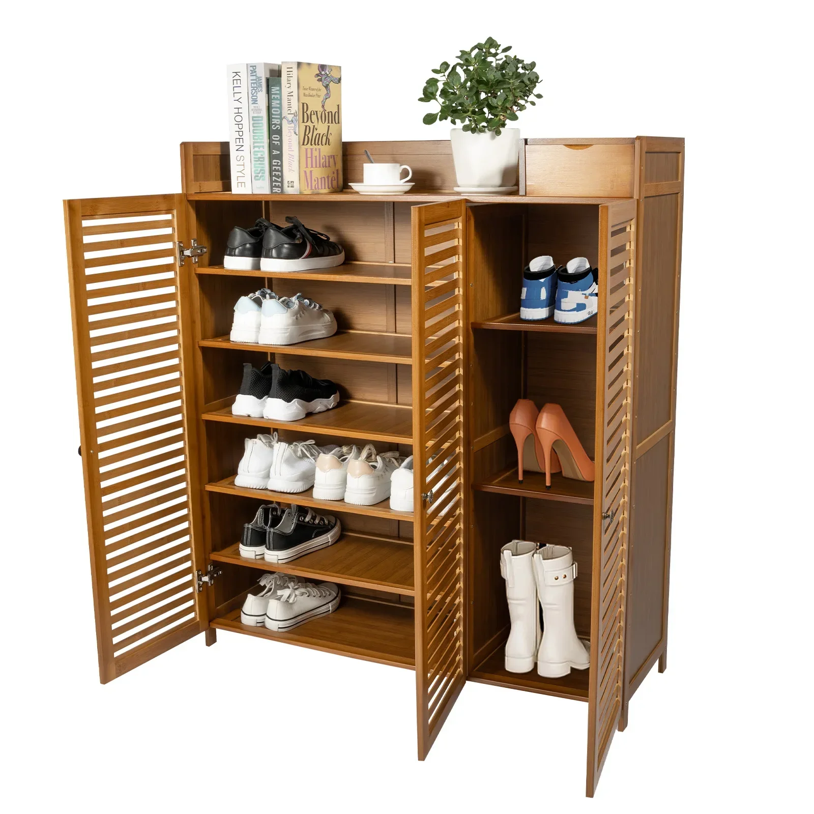 

7Tier Bamboo Shoe Cabinet with Doors 30Pairs Shoe Rack Brown Shoe Storage Organizer Free-Standing Shoe Shelf for Entryway