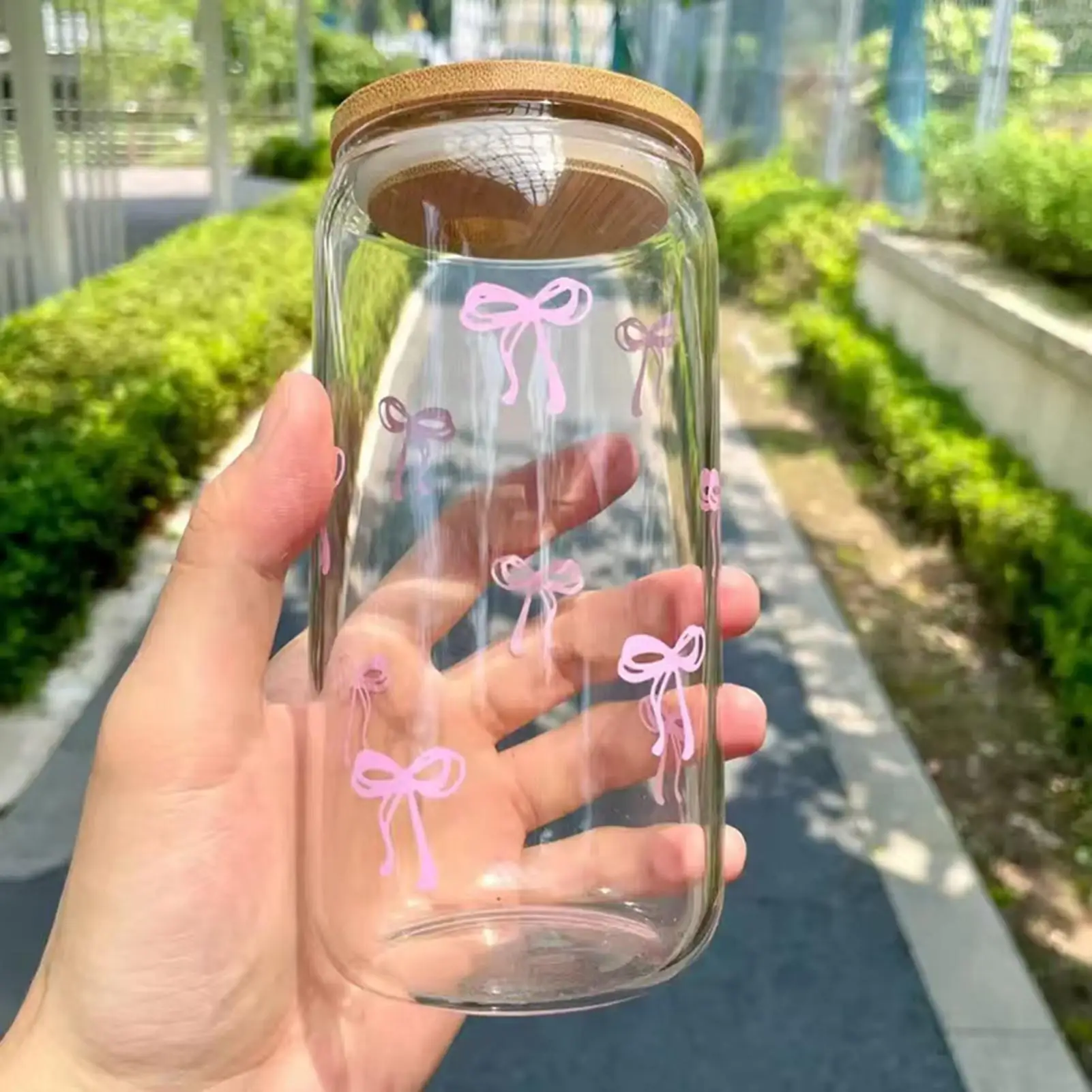 Glasbecher mit Deckel und Strohhalmen, 500 ml, Schleifenbecher, Trinkbecher für Eiskaffee, Cocktail, Matcha-Tee, Trinkwasser, Teenager-Mädchen, Zuhause